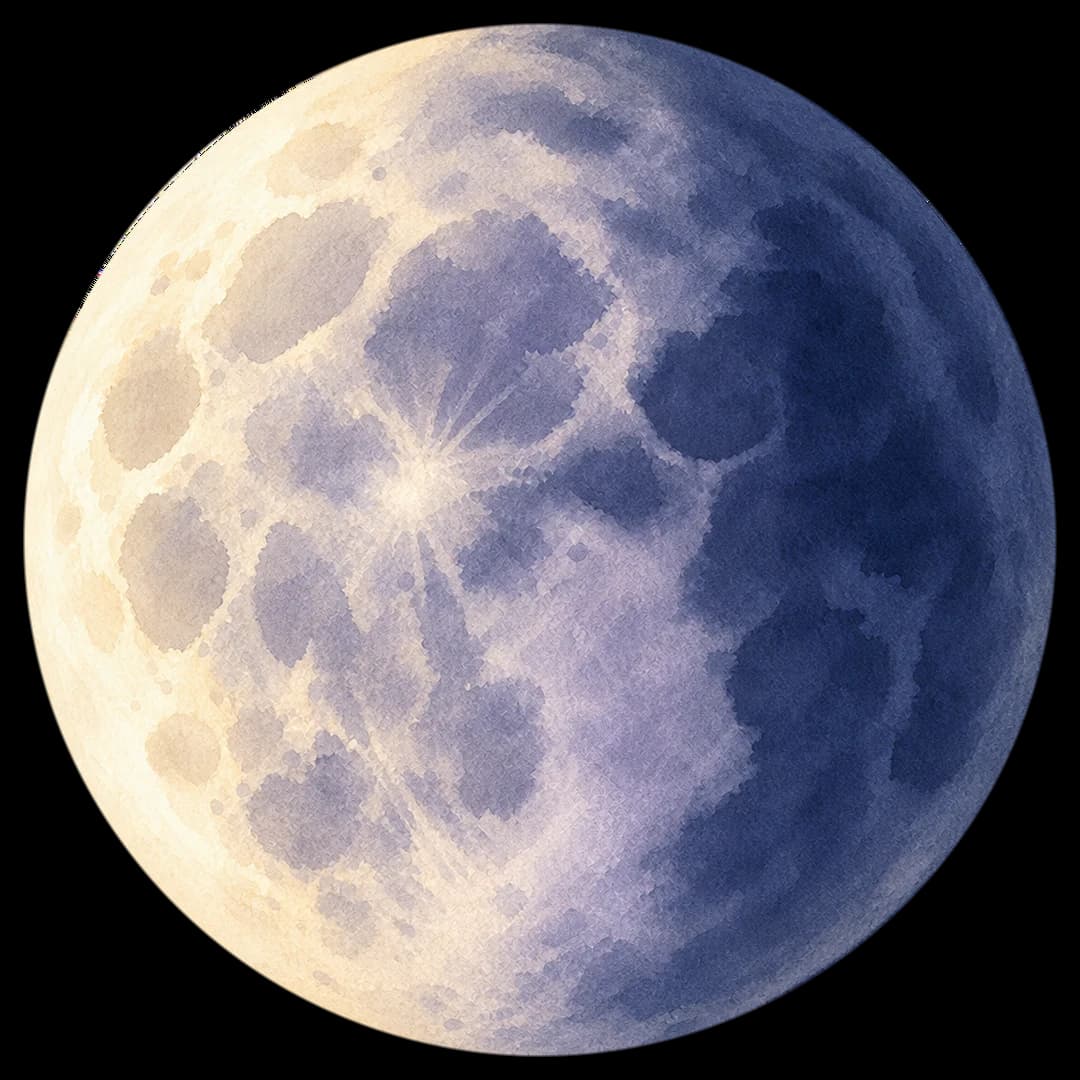 Watercolour print showing a waning gibbous moon